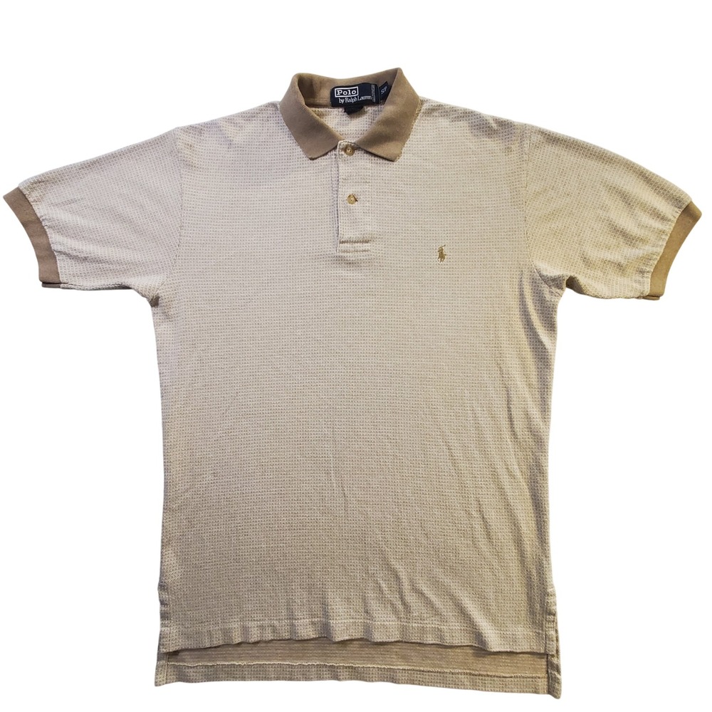 Vintage 90s Polo Ralph Lauren Polo Shirt S Cotton Linen 70/30 Micro Grid Beige